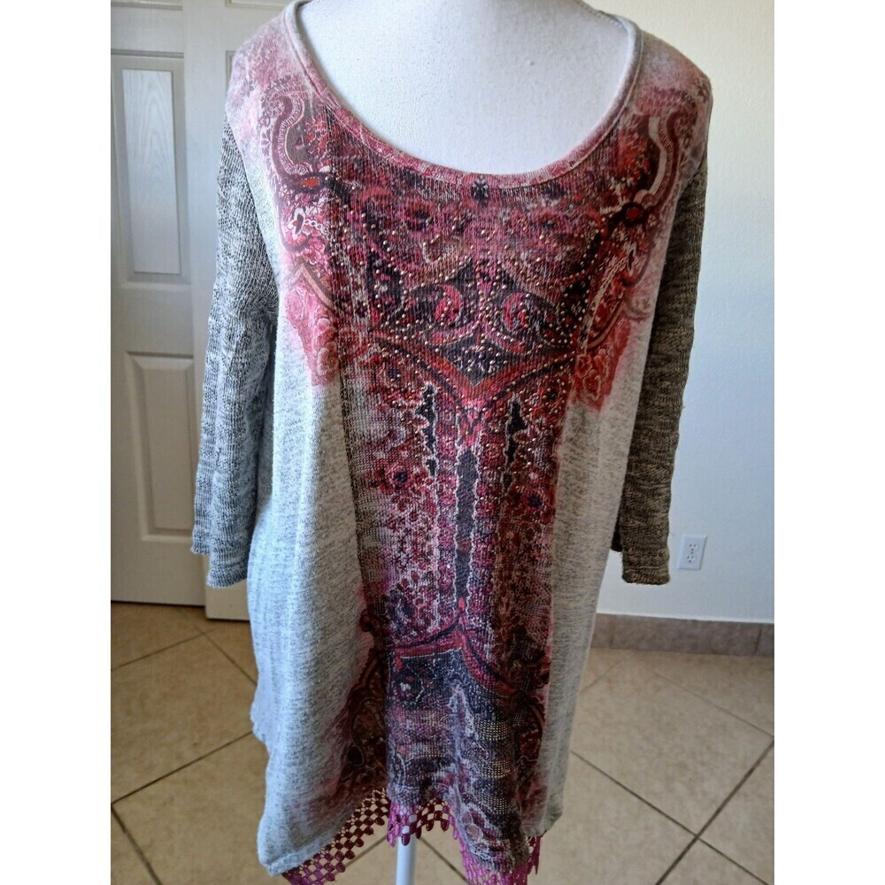 Energe World‎ Wear Women Size Large Crimson Abstract 3/4 Sleeve Casual Top